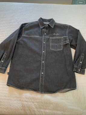Vintage Y2K Sean John Black Denim Long Sleeve Shirt With Dragon Graphic. Size L